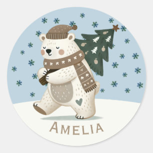 Süße Bär Schneeglöckchen Zeichnung Name Weihnachte Runder Aufkleber