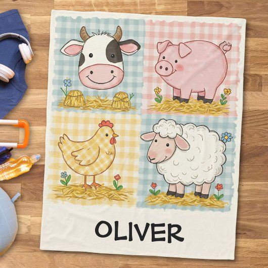 Süße Bauernhoftiere Gingham Barnyard Fleecedecke