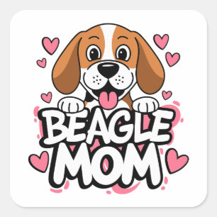 Süße Beagle-Mama-Hund-Freundin Rosa Herzen Welpenl Quadratischer Aufkleber