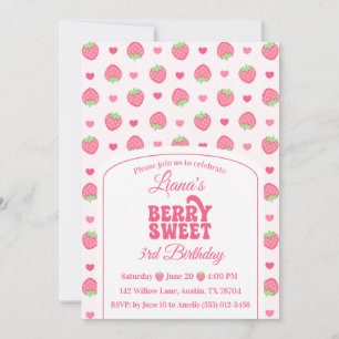 Süße Beeren Cute Pink Erdbeermädchen 3. Geburtstag Einladung