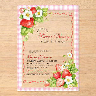 Süße Beeren-Rosa-Gingham-Acryl-Baby-Party Acryleinladungen