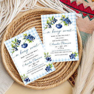 Süße Beeren Süße Blaue Gingham-Baby-Party  Einladung