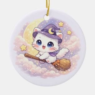Süße Besenhexen-Kitty Keramik Ornament