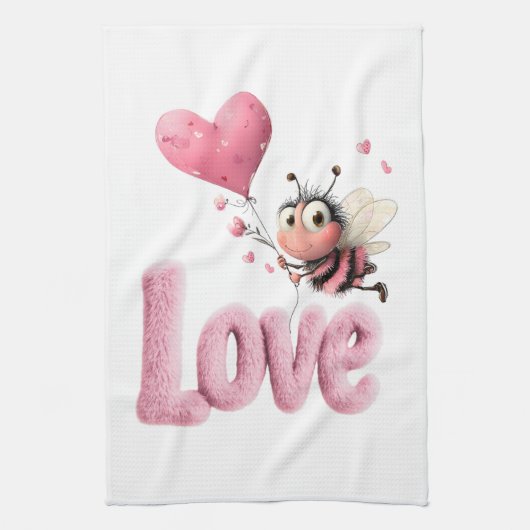 Süße Biene Fluffiger Rosa Liebesherzballon Geschirrtuch (Vertikal)