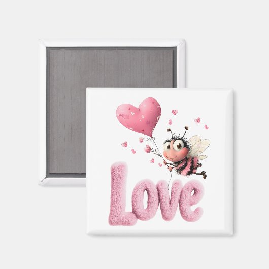 Süße Biene Fluffiger Rosa Liebesherzballon Magnet (Vorderseite/Rückseite)