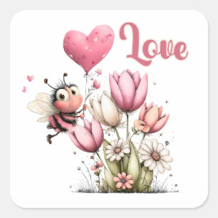 Süße Bienen-Liebes-Herzballon-Frühlingsblumen Quadratischer Aufkleber