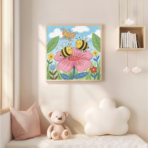 Süße Bienen und Schmetterling beim Tanzen - Buntst Poster