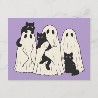 Süße Blattgeister und schwarze Halloween-Katzen Postkarte