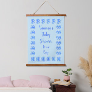 Süße blaue Baby-Jungen-Hasenfüße Oster-Baby-Party Wandteppich Mit Holzrahmen