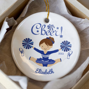 Süße Blaue Cheer Brunette Cheerleader Figur Keramik Ornament