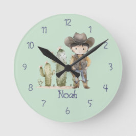 Süße blaue Cowboy-Wanduhr für Jungen Runde Wanduhr
