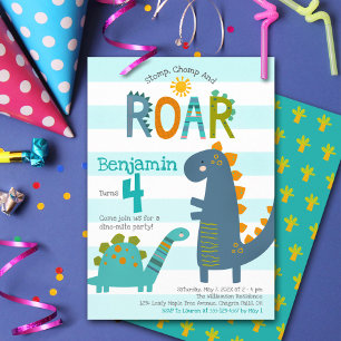 Süße blaue Dinosaurier stampfen kauen brüllen Jung Einladung