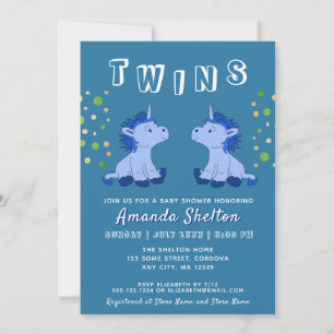 Süße blaue Einhorn-Zwillinge 2 Jungen Baby Shower Einladung