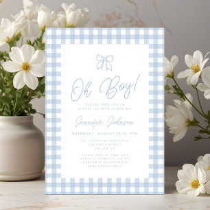 Süße blaue Gingham-Schleife Oh-Junge-Baby-Party Einladung