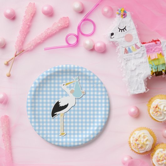 Süße blaue Gingham-und Storch-Babyparty-Platte Pappteller (Party)