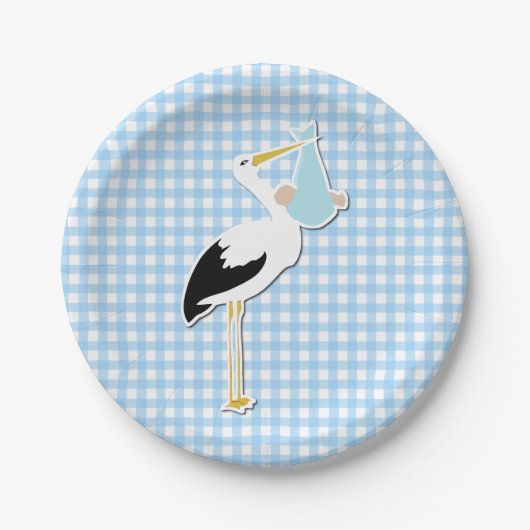 Süße blaue Gingham-und Storch-Babyparty-Platte Pappteller (Vorderseite)