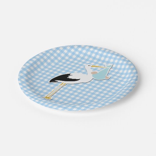 Süße blaue Gingham-und Storch-Babyparty-Platte Pappteller (Schrägansicht)