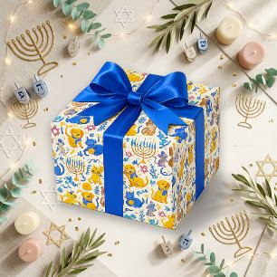 Süße blaue Gold-Haustiere Chanukka Geschenkpapier