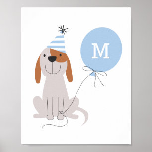 Süße blaue Monogramm-Welpen-Hunde-Kinderzimmer Poster