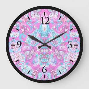 Süße blaue rosa Blumenmuster Große Wanduhr