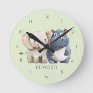 Süße blaue Safari-Nilpferd- und Elefanten-Wanduhr Runde Wanduhr
