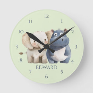 Süße blaue Safari-Nilpferd- und Elefanten-Wanduhr Runde Wanduhr