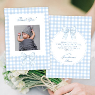 Süße blaue Schleife Baby Shower Foto Danksagungska Dankeskarte