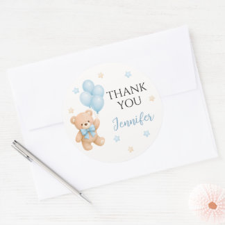 Süße blaue Teddybär-Ballon-Baby-Shower-Dankeschön Runder Aufkleber