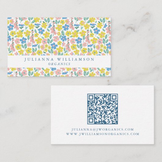 Süße blaue und gelbe Ditsy-Blumen Modernes QR-Code Visitenkarte (Vorne/Hinten)