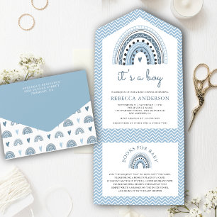 Süße blaue Wasserfarbe Boho Regenbogen Baby Shower All In One Einladung