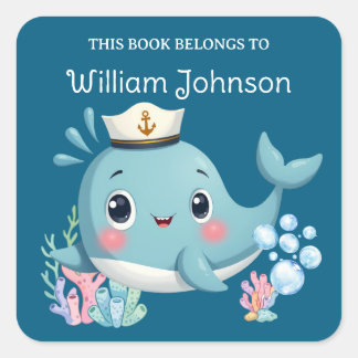 Süße blaue Whale-Bibliotheks-Exlibris für Kinder Quadratischer Aufkleber