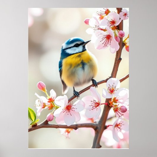 Süße Blaumeise auf blühendem Apfelbaum im Frühling Poster (Vorne)