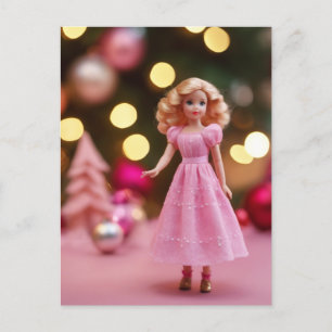 Süße blonde rosa Retro-Weihnachtspuppe Postkarte