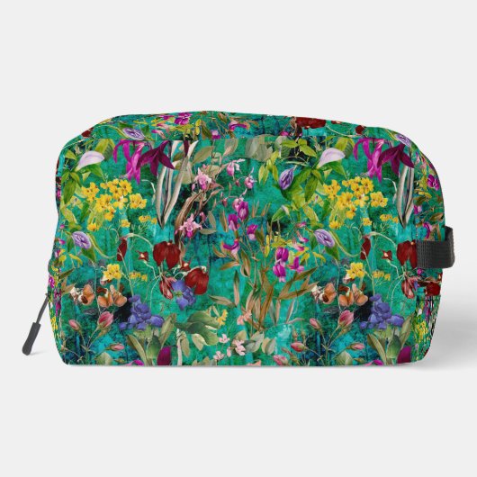 Süße Blume Blätter Türkis-Monogramm Muster Waschbeutel (Rückseite)