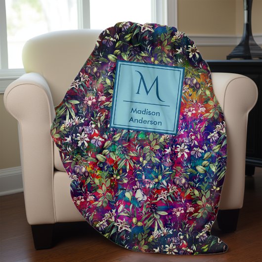 Süße Blume und Blätter Rot Schwarz Monogramm Blume Fleecedecke