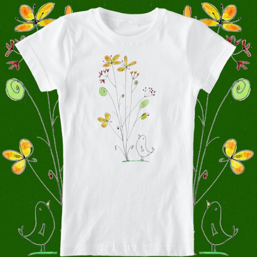 Süße Blume und Vogelgewässer, Aquarell und Tintenz T-Shirt