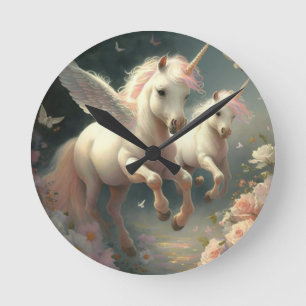Süße Blumen-Einhörner fliegendes kleines Pony  Run Runde Wanduhr