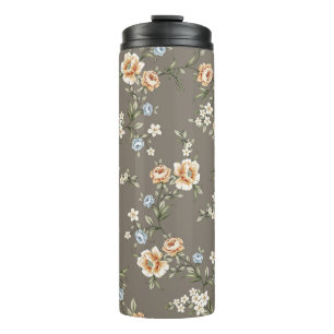 süße Blumen mit Blättern Muster auf grauem Hinterg Thermosbecher