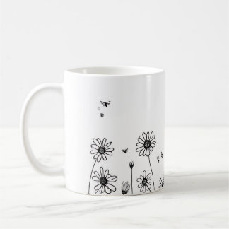 Süße Blumen-Tasse – Schwarz-Weiß-Wildblumen-Design Kaffeetasse