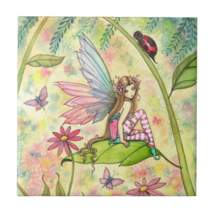 Süße Blumenfee und Marienkäfer Fantasy-Kunst Fliese