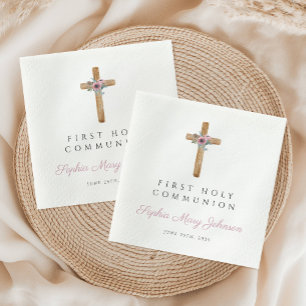 Süße Blumenrosa Kreuz Mädchen Erste Kommunion Serviette