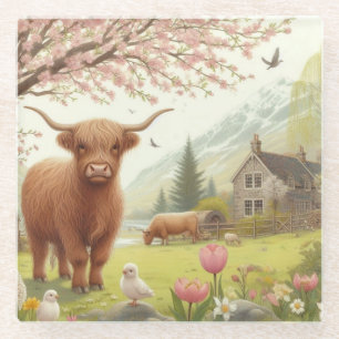 Süße, blumige Frühlings-Hochlandkuh Glasuntersetzer