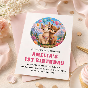 Süße Boho-Alpaka-Einladung zum 1. Geburtstag für M Einladung