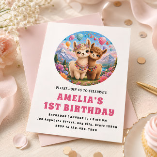 Süße Boho-Alpaka-Einladung zum 1. Geburtstag für M Einladung