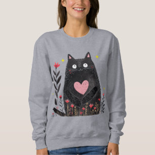 Süße Boho-Blumen-Watercolor-Schwarze-Katze-Girlie Sweatshirt