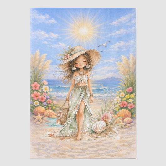 Süße Boho-Stil Mädchen-Strand-Szene-Decoupage  Seidenpapier (Vorderseite)