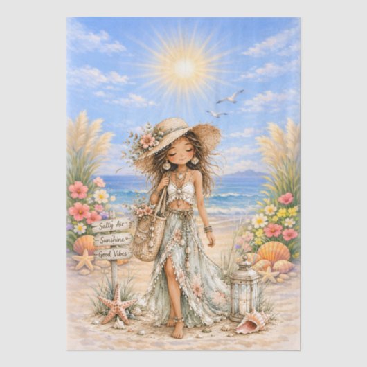 Süße Boho-Stil Mädchen Strand Szene Decoupage Seidenpapier (Vorderseite)