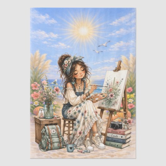 Süße Boho-Stil Mädchen-Strand-Szene-Decoupage  Seidenpapier (Vorderseite)