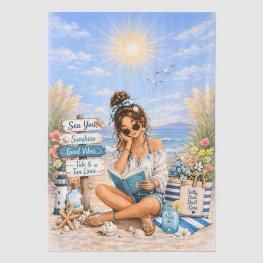 Süße Boho-Stil Mädchen Strand Szene Decoupage  Seidenpapier (Vorderseite)