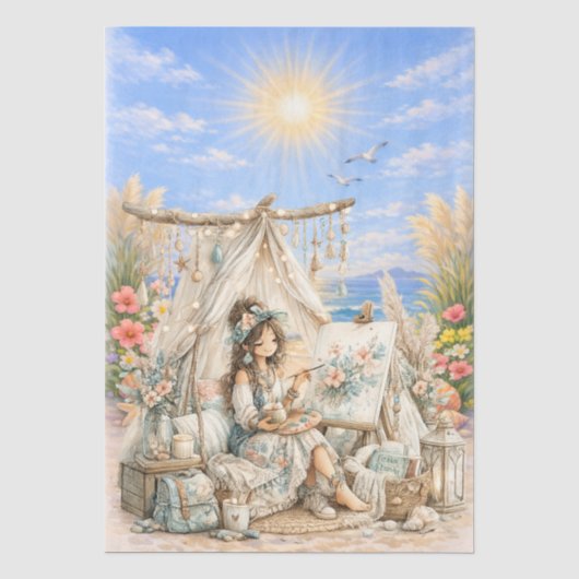 Süße Boho-Stil Mädchen Strand Szene Decoupage Seidenpapier (Vorderseite)